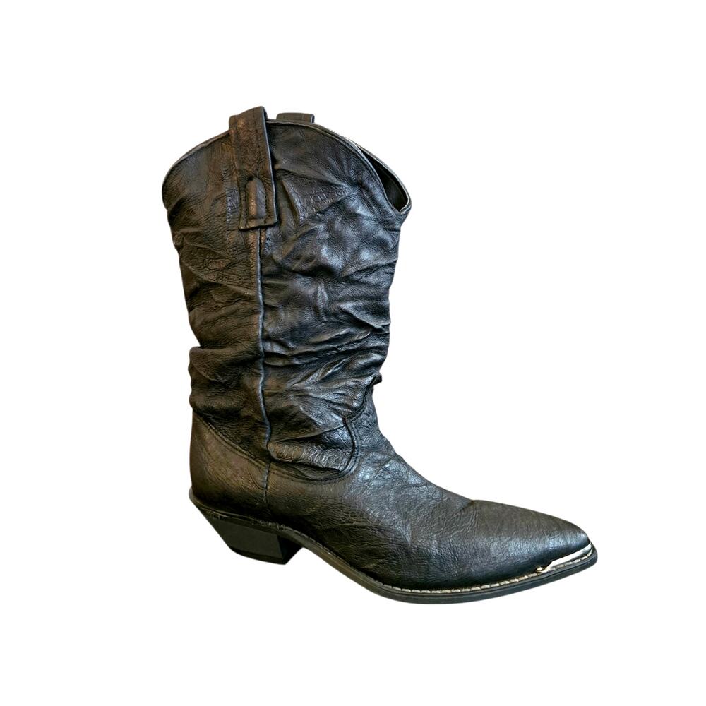 Vintage Slouchy Western Leather Boots 7 Black Silver Toe Rand Cowgirl Dingo USA